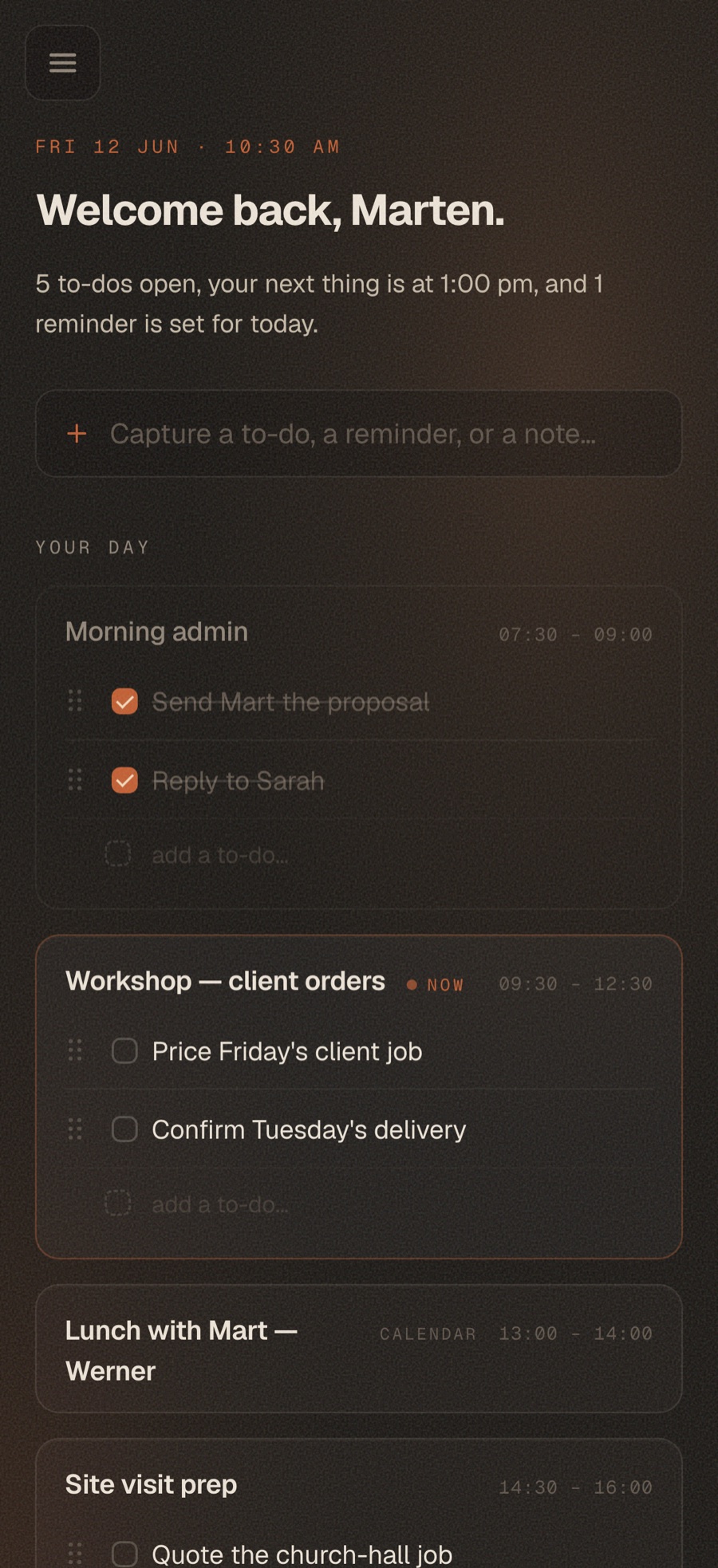 Galvence on a phone — the capture bar on top, the morning's blocks below